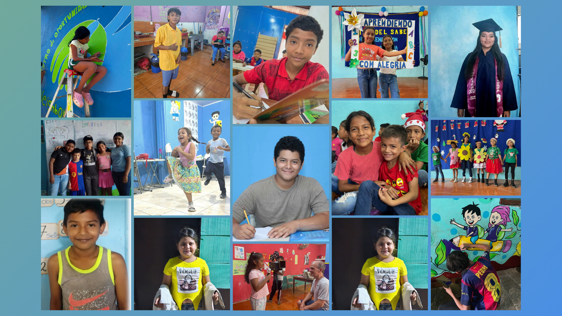Collage of diverse children engaged in school activities and celebrations in a colorful classroom setting.