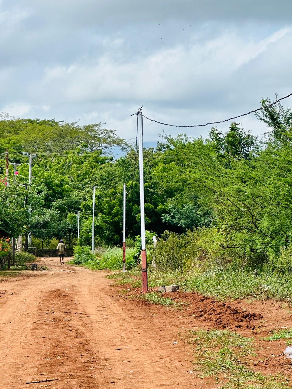 Dusty rural dirt road lined with utility poles and green trees; a person walks away in the distance under a cloudy sky.