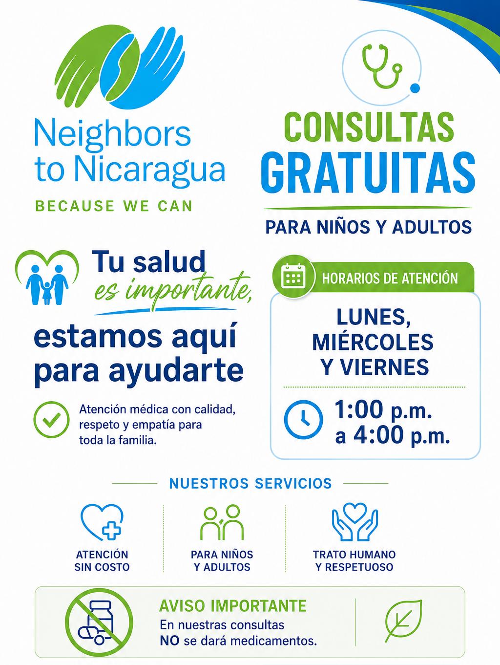Infographic health flyer advertising free consultations for children and adults, with hours (Mon, Wed, Fri 1:00–4:00 p.m.), service icons (free care, for children and adults, humane treatment), and an important notice that no medications are provided.